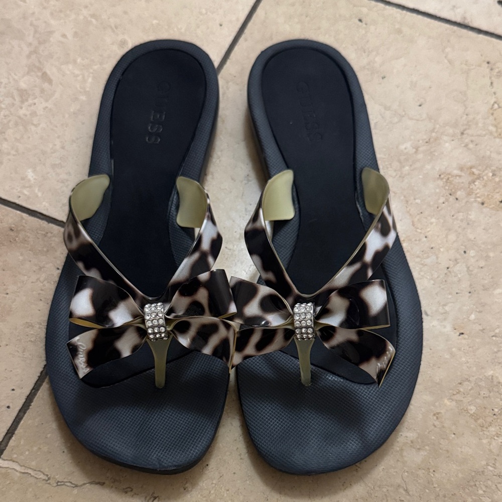 Guess Leopard Print Sandals with Bow Accent